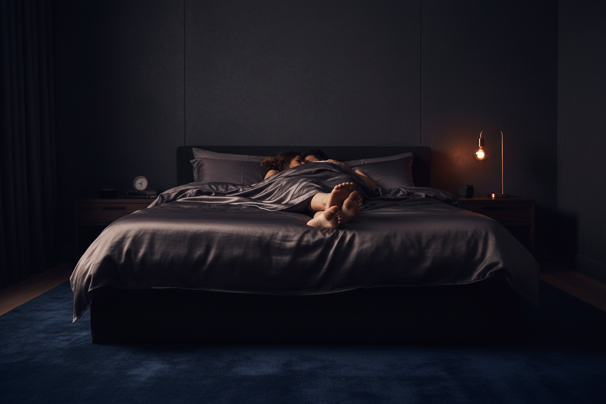 Entspannte Person nach Orgasmus im Bett – natürliche Methode für besseren Schlaf und Stressabbau