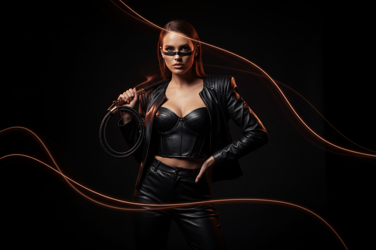 BDSM Peitsche und Leder-Outfit für stilvolle Bondage-Rollenspiele
