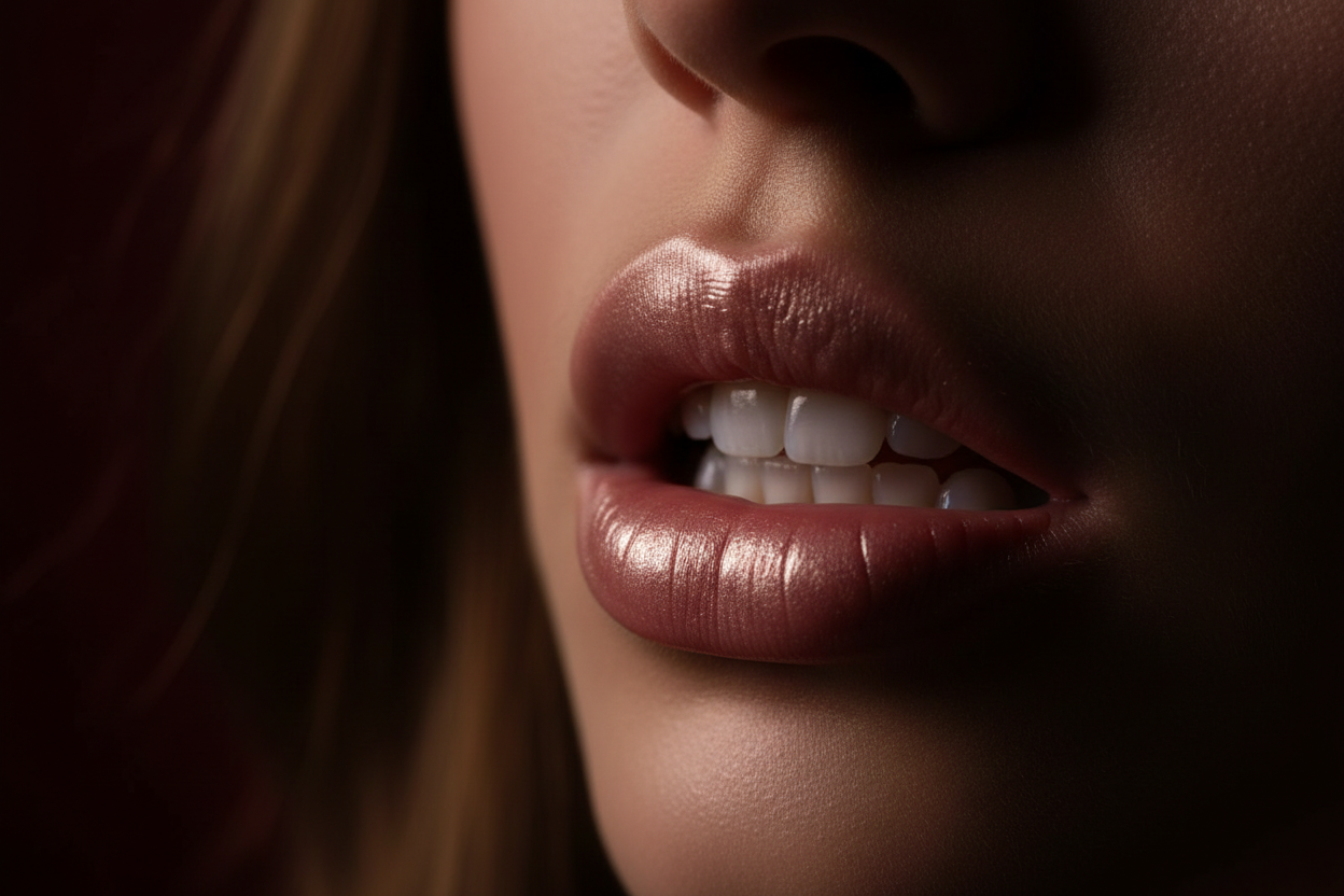 erstelle mir ein bild von einer Frauenlippe die sich lustvoll leicht auf die lippen beißt das bild soll leicht dunkel wirken mit rosegold 