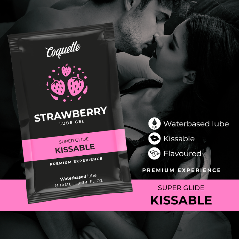 COQUETTE CHIC DESIRE - KUSSBARES SCHMIERMITTEL AUF ERDBEERWASSERBASIS TASCHE 10 ML Produktverpackung und Details