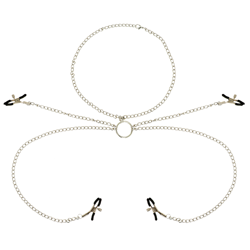 OhMama Fetisch 4 Nippelklemmen mit Kette – Verstellbare Brustklammern | Secret Pulse Produktansicht und Details