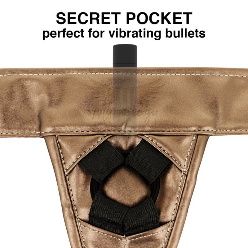 MYTHOLOGY Fantasy-Geschirr S/M – Bronzegeschirr für Dildo & Pegging | Veganes, verstellbares Harness | Secet Pulse Produktansicht und Details
