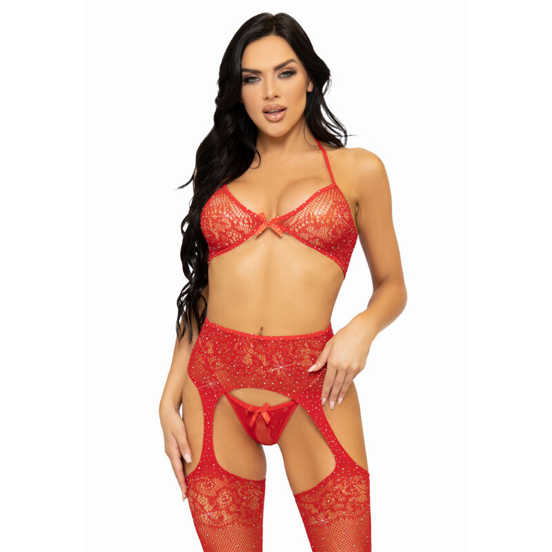 LEG AVENUE - DREITEILIGES SET BH, STRING UND STRUMPF, EINE GRÖSSE - ROT Bustier Produktansicht