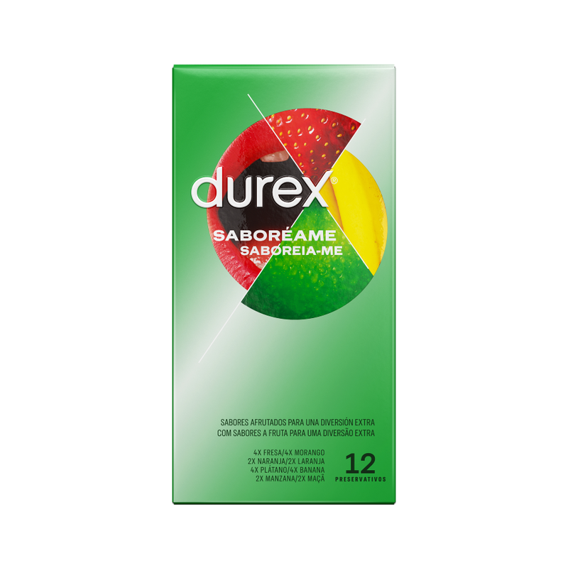 Durex Taste Me 12er-Pack – Aromatisierte Kondome mit Erdbeere, Banane, Orange & Apfel für Schutz und angenehmes Gefühl