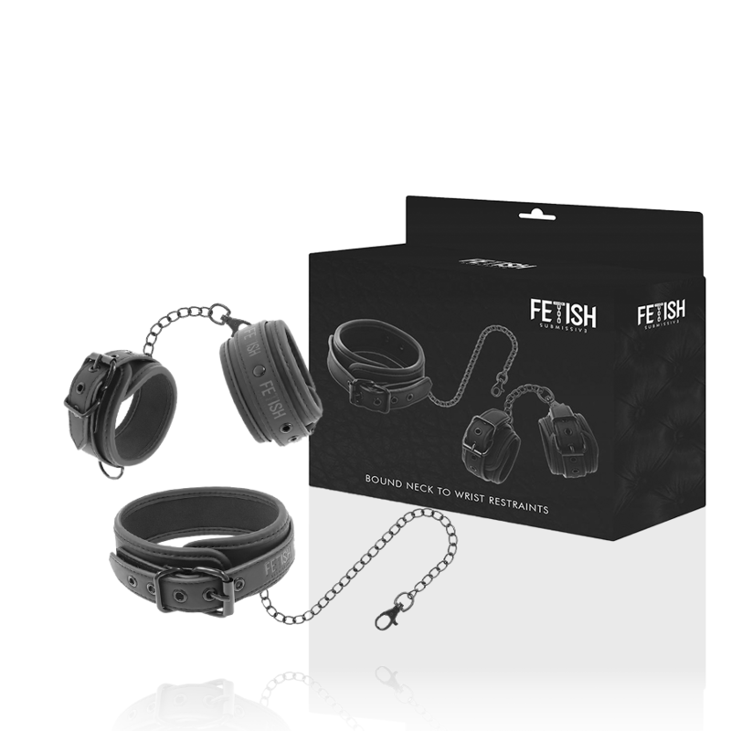 FETISH SUBMISSIVE - HALSKETTE UND HANDSCHELLEN AUS VEGANEM LEDER MIT NOPRENE-FUTTER Produktansicht und Details