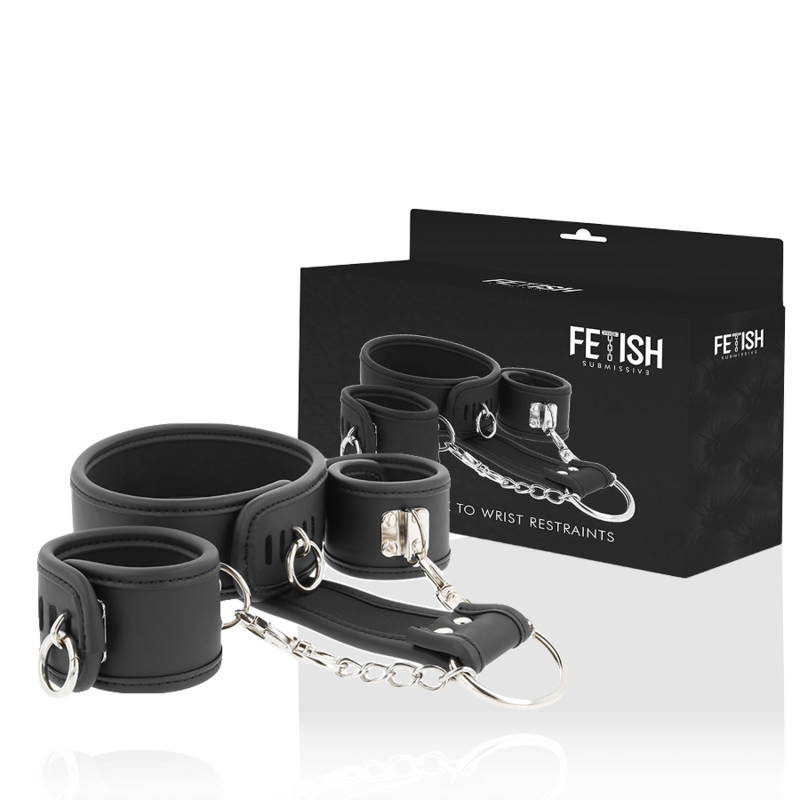 FETISH SUBMISSIVE - HALSKETTE UND HANDSCHELLEN AUS VEGANEM LEDER MIT NOPRENE-FUTTER Produktansicht und Details
