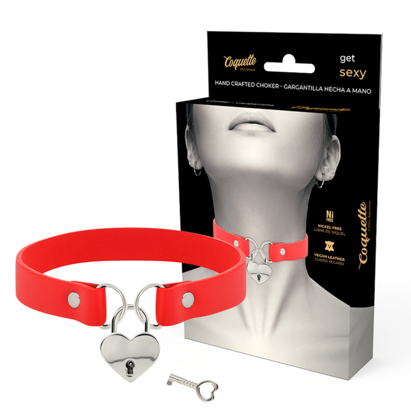 COQUETTE CHIC DESIRE - ROTE HALSKETTE AUS VEGANEM LEDER MIT HERZ-ACCESSOIRE MIT SCHLÜSSEL – Erotik-Schmuck Bild 1