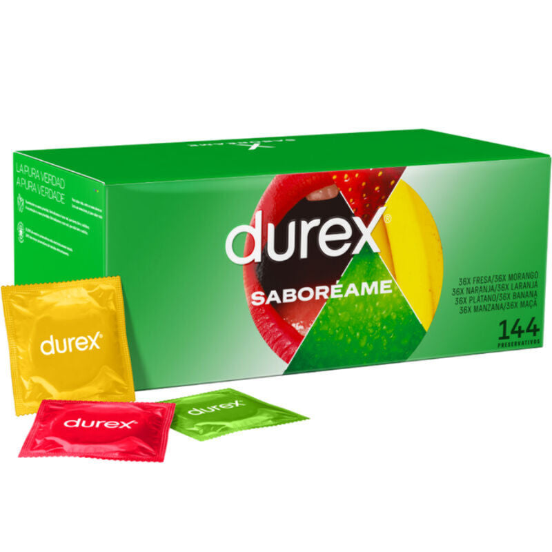 Durex Pleasure Fruits 144er-Pack – Aromatisierte Kondome mit Erdbeere, Banane, Orange & Apfel Kondome diskret online kaufen