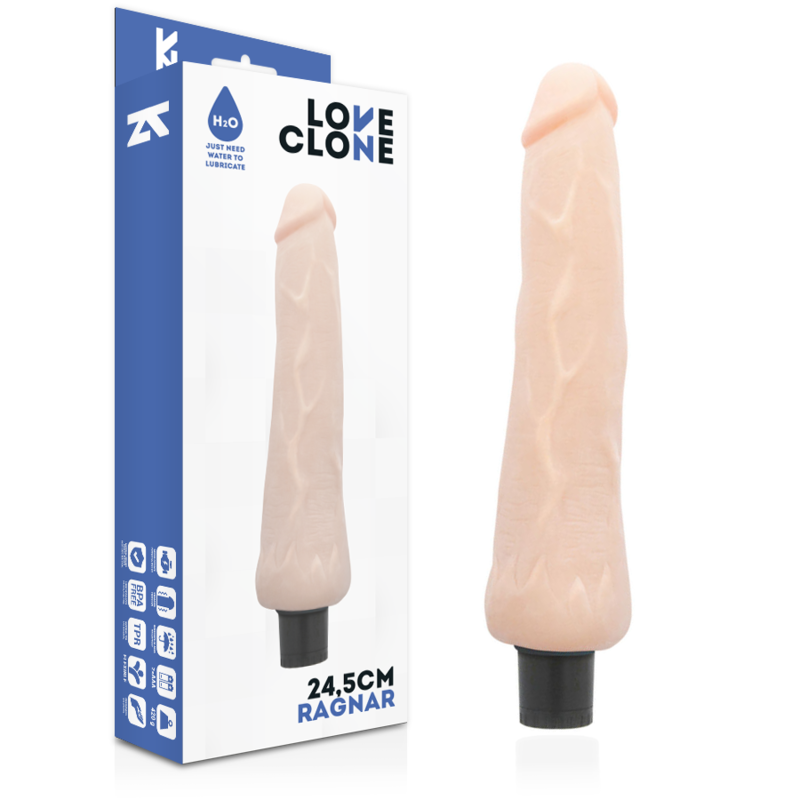 LOVECLONE - RAGNAR SELBSTSCHMIERENDER VIBRATOR 24.5 CM -O- 3.5 CM Gleitgel Produktverpackung und Details