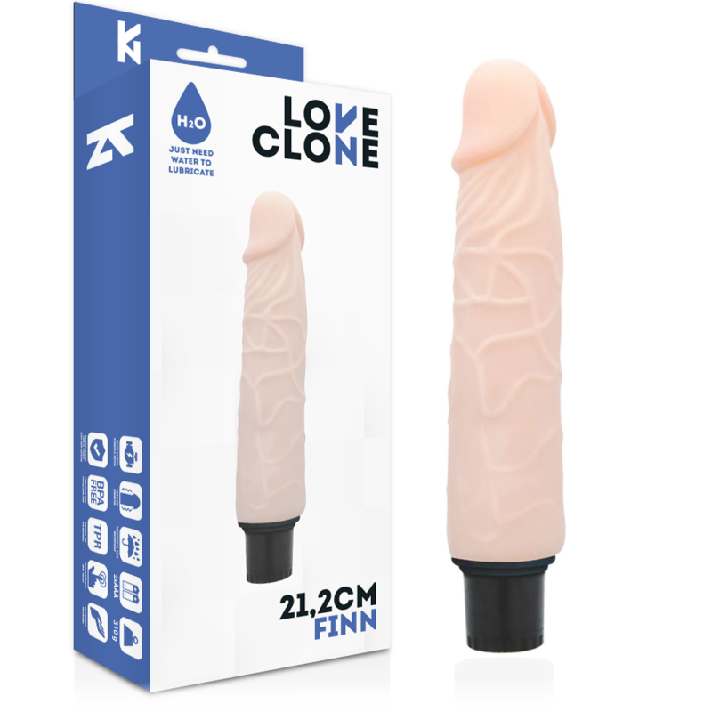 LOVECLONE - FINN SELBSTSCHMIERENDER VIBRATOR 21.2 CM -O- 3.8 CM Gleitgel Produktverpackung und Details