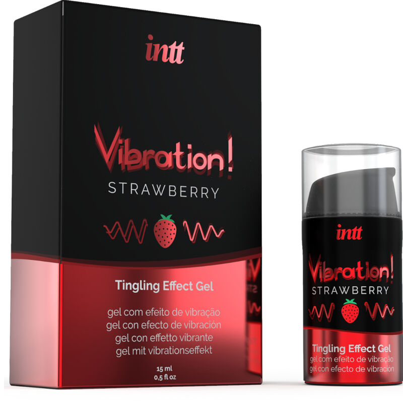 INTT - KRAFTVOLLES INTIMSTIMULIERENDES FLÜSSIGES VIBRATIONSGEL ERDBEERE 15 ML Produktverpackung und Details