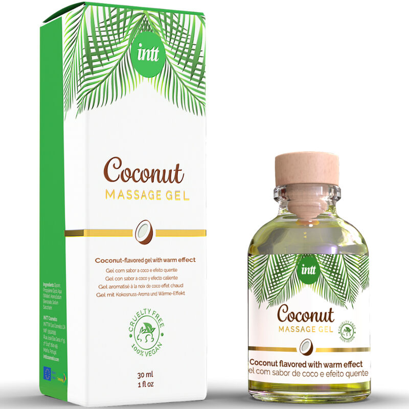 INTT - VEGANES MASSAGEGEL MIT KOKOSNUSSGESCHMACK UND ERWRMENDER WIRKUNG Produktverpackung und Details