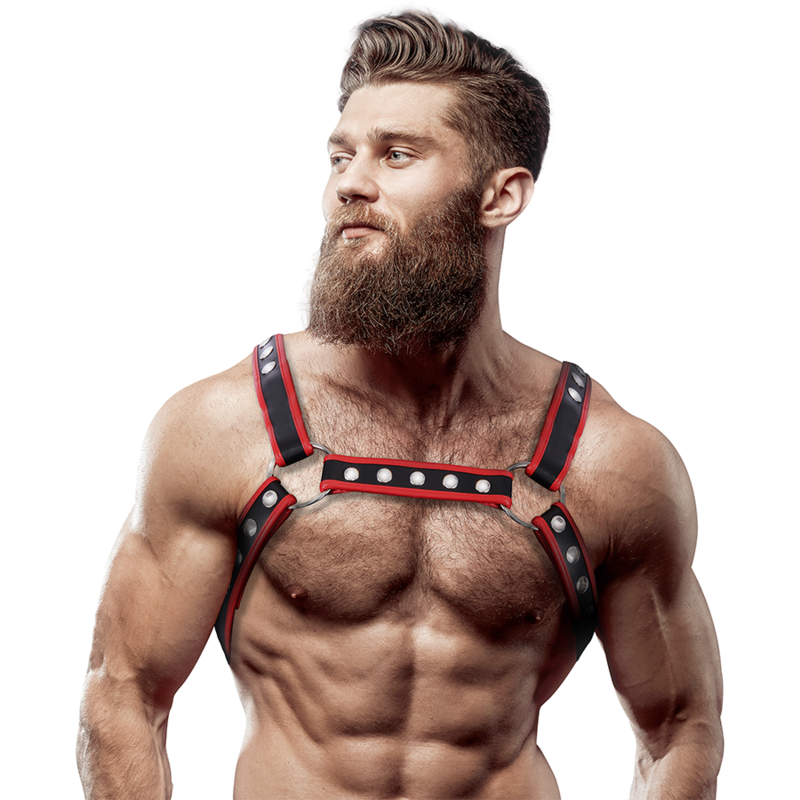 FETISH SUBMISSIVE ATTITUDE - BRUST-BULLDOG-GESCHIRR AUS ÖKOLEDER FÜR HERREN, SCHWARZ/ROT – BDSM-Zubehör Bild 1