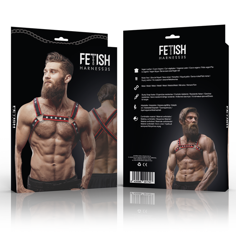 FETISH SUBMISSIVE ATTITUDE - BRUST-BULLDOG-GESCHIRR AUS ÖKOLEDER FÜR HERREN, SCHWARZ/ROT – BDSM-Zubehör Bild 2