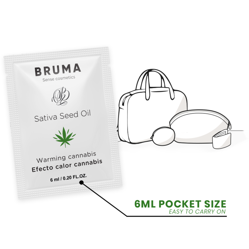 BRUMA - SATIVA-SAMENÖL-GLEITGEL MIT WÄRMENDEM CANNABISGESCHMACK 6 ml Produktverpackung und Details