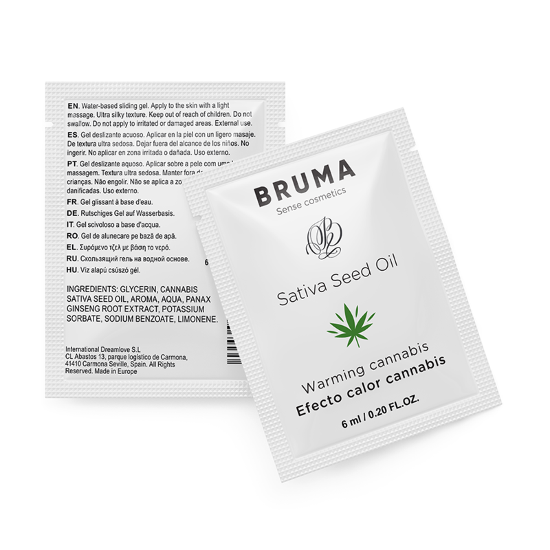 BRUMA - SATIVA-SAMENÖL-GLEITGEL MIT WÄRMENDEM CANNABISGESCHMACK 6 ml Produktverpackung und Details