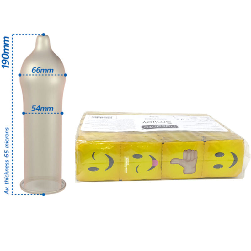Pasante Smiley Kondome 144 Stück – transparent & glatt Produktverpackung und Details