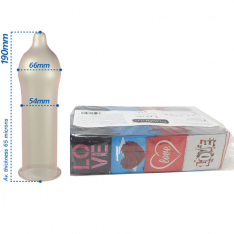 Pasante Love Bag Kondome 144 Stück – 54 mm, glatt & transparent Produktverpackung und Details