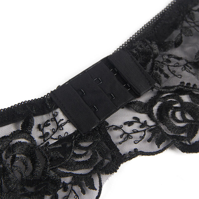 SUBBLIME - 3-TEILIGES SET BH + STRING + STRUMPFBAND BLUMENPRINT SCHWARZ L/XL – Bustier Bild 5