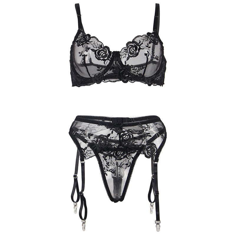 SUBBLIME - 3-TEILIGES SET BH + STRING + STRUMPFBAND BLUMENPRINT SCHWARZ L/XL – Bustier Bild 7