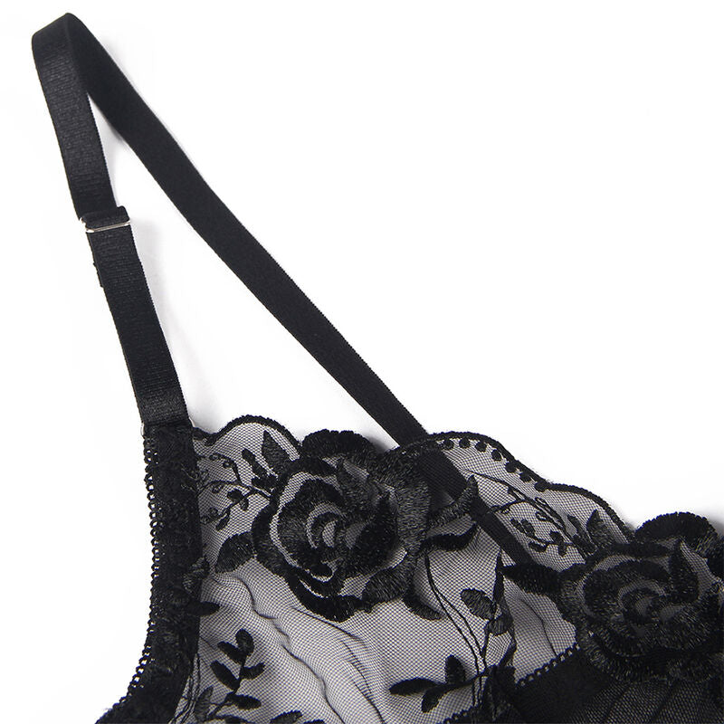SUBBLIME - 3-TEILIGES SET BH + STRING + STRUMPFBAND BLUMENPRINT SCHWARZ L/XL – Bustier Bild 11