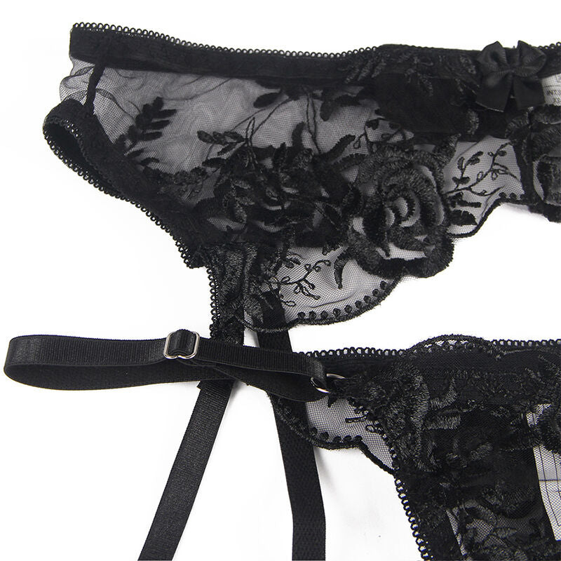SUBBLIME - 3-TEILIGES SET BH + STRING + STRUMPFBAND BLUMENPRINT SCHWARZ L/XL – Bustier Bild 10