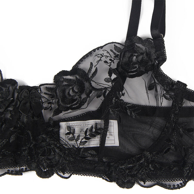 SUBBLIME - 3-TEILIGES SET BH + STRING + STRUMPFBAND BLUMENPRINT SCHWARZ L/XL – Bustier Bild 12