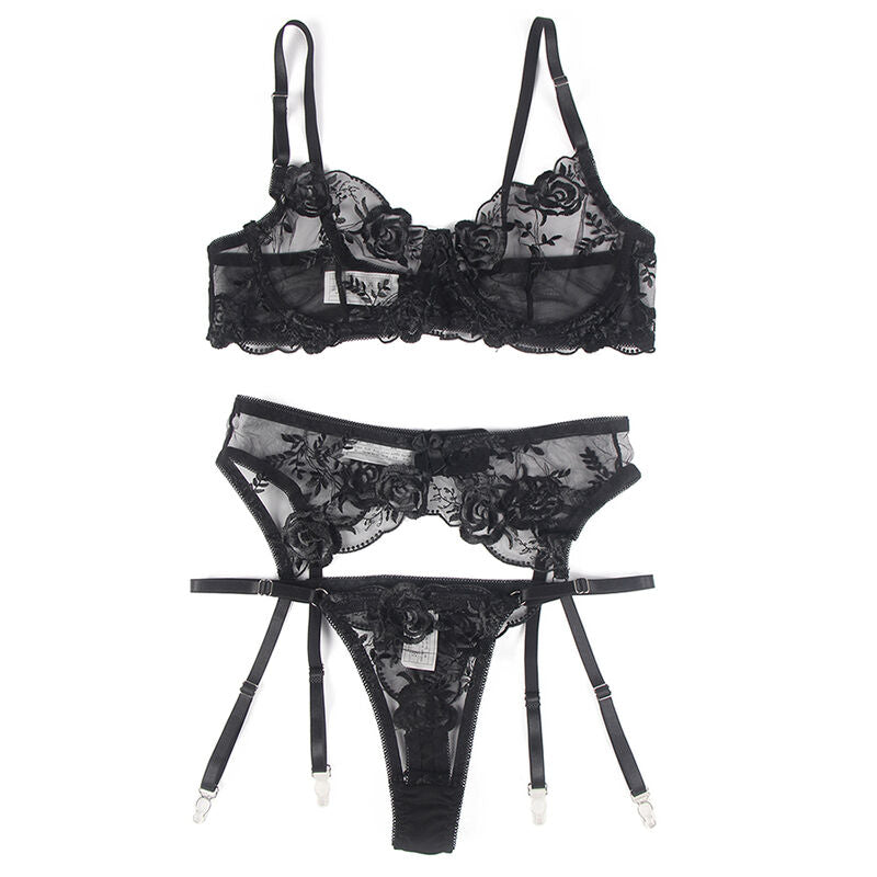 SUBBLIME - 3-TEILIGES SET BH + STRING + STRUMPFBAND BLUMENPRINT SCHWARZ L/XL – Bustier Bild 6