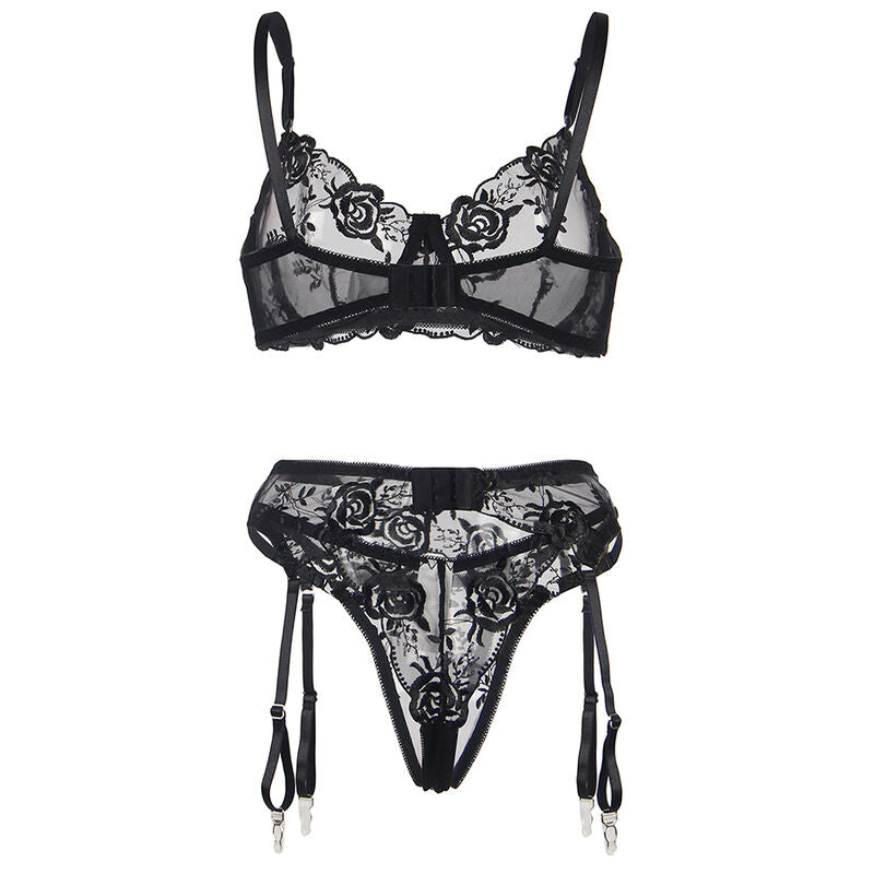 SUBBLIME - 3-TEILIGES SET BH + STRING + STRUMPFBAND BLUMENPRINT SCHWARZ L/XL – Bustier Bild 8