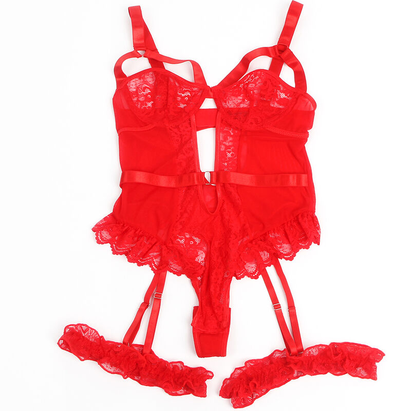 SUBBLIME - TEDDY MIT STRUMPFBAND MIT SPITZENDETAIL UND STREIFEN ROT S/M – Strümpfe Bild 3