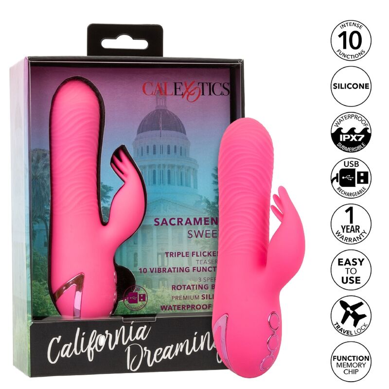 CalExotics Sacramento Sweetie Rabbit Vibrator Pink – Doppelmotor, 10 Vibrationsfunktionen, 3 Rotationsgeschwindigkeiten, USB wiederaufladbar – Rabbit Vibrator Bild 18