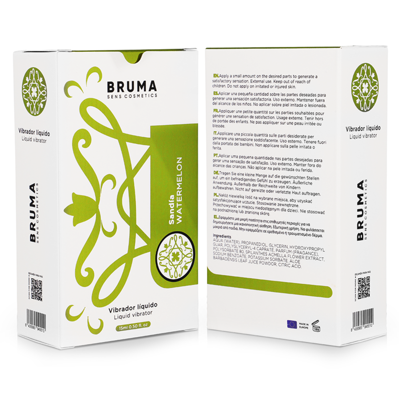 BRUMA - FLÜSSIGER VIBRATOR ULTRA GLEITENDE WASSERMELONE 15 ML Gleitgel Produktverpackung und Details