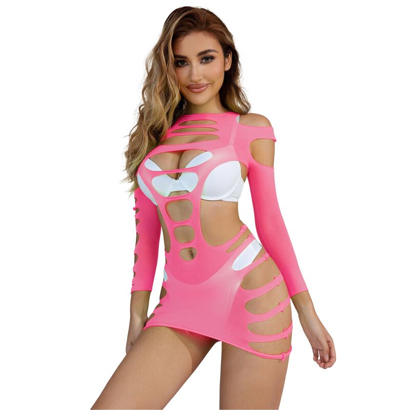 SUBBLIME - 952273 LANGRMELIGER ELASTISCHER NETZ-KLEID ROSA EINE GRÖSSE – Dessous-Kleid Bild 1