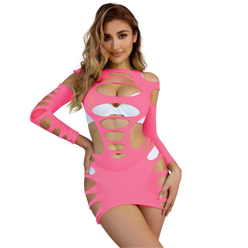 SUBBLIME - 952273 LANGRMELIGER ELASTISCHER NETZ-KLEID ROSA EINE GRÖSSE – Dessous-Kleid Bild 6