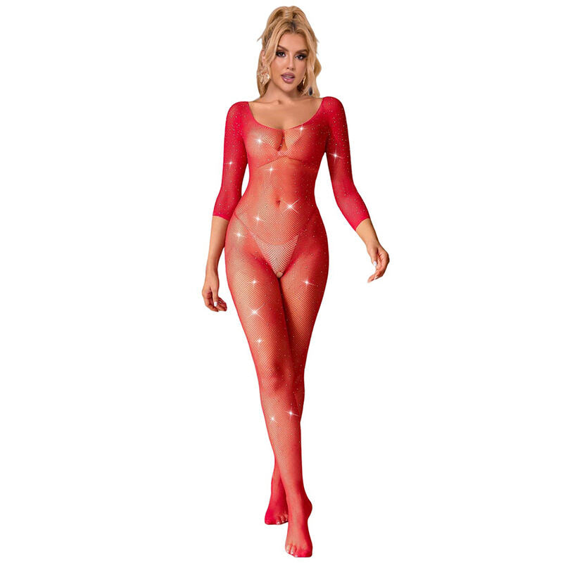 SUBBLIME - 952419 NETZ-BODYSTOCKING MIT DIAMANTEN, LANGE ÄRMEL, ROT, XS/M Dessous-Body Produktansicht