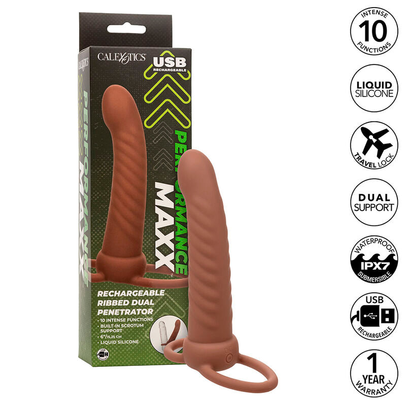 CALEXOTICS - MAXX RIBBED DUAL PENETRATOR 10 VIBRATIONEN BRAUN – Erotik-Zubehör Bild 1