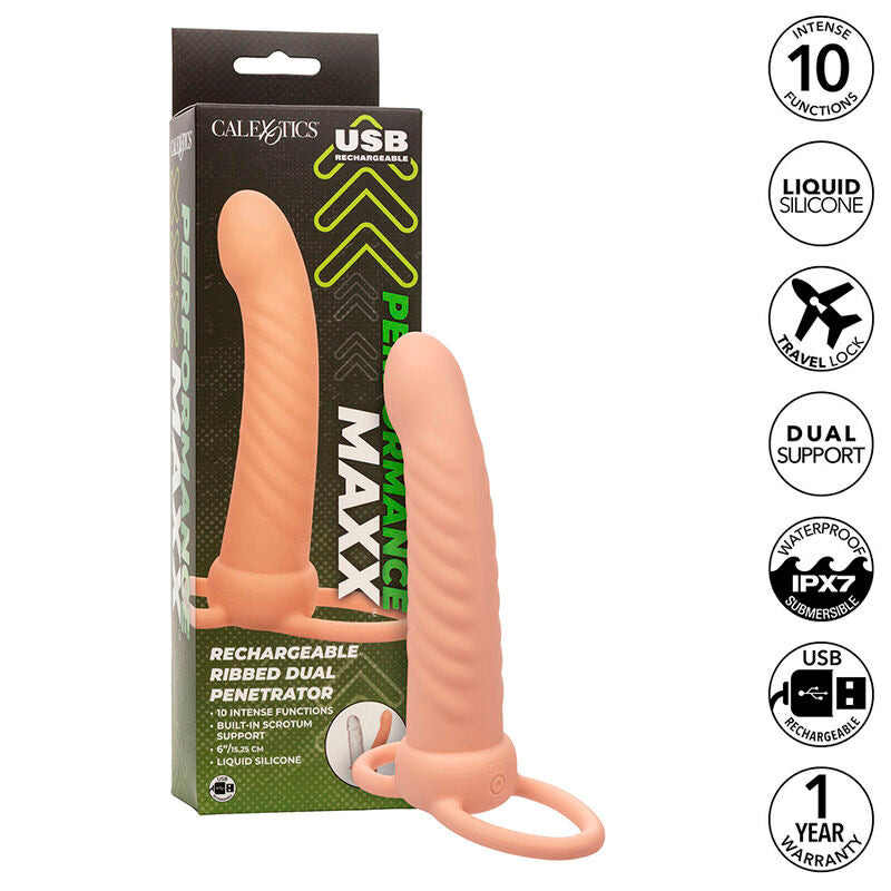 CALEXOTICS - MAXX RIBBED DUAL PENETRATOR 10 VIBRATIONEN FLEISCH – Erotik-Zubehör Bild 2