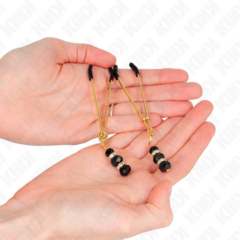 KINK - GOLDENE DÜNNE NIPPELKLEMMEN MIT 3 SCHWARZEN GLASPERLEN 7 CM für sinnliche und diskrete Momente