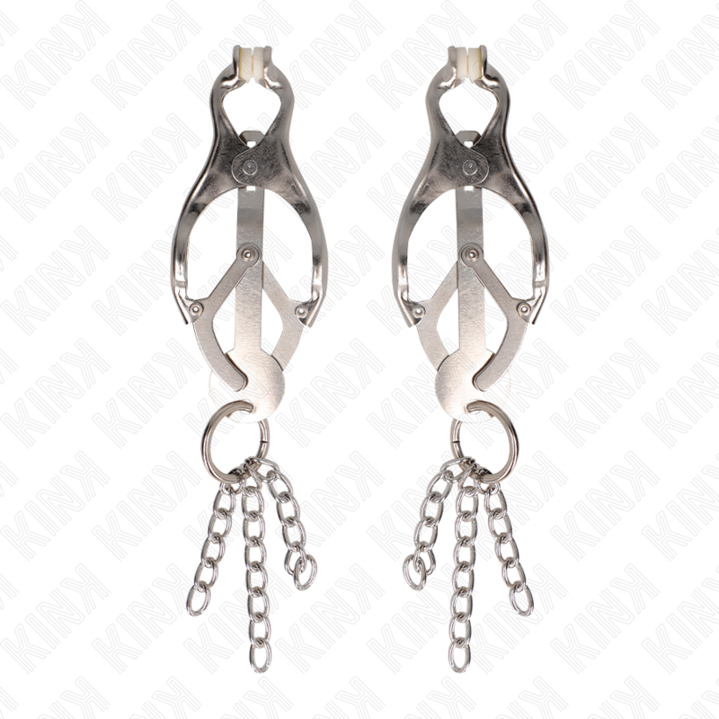 KINK - JAPANISCHE KLEEBLATT-NIPPELKLAMMERN MIT KLEINEN KETTEN SILBER Produktansicht und Details