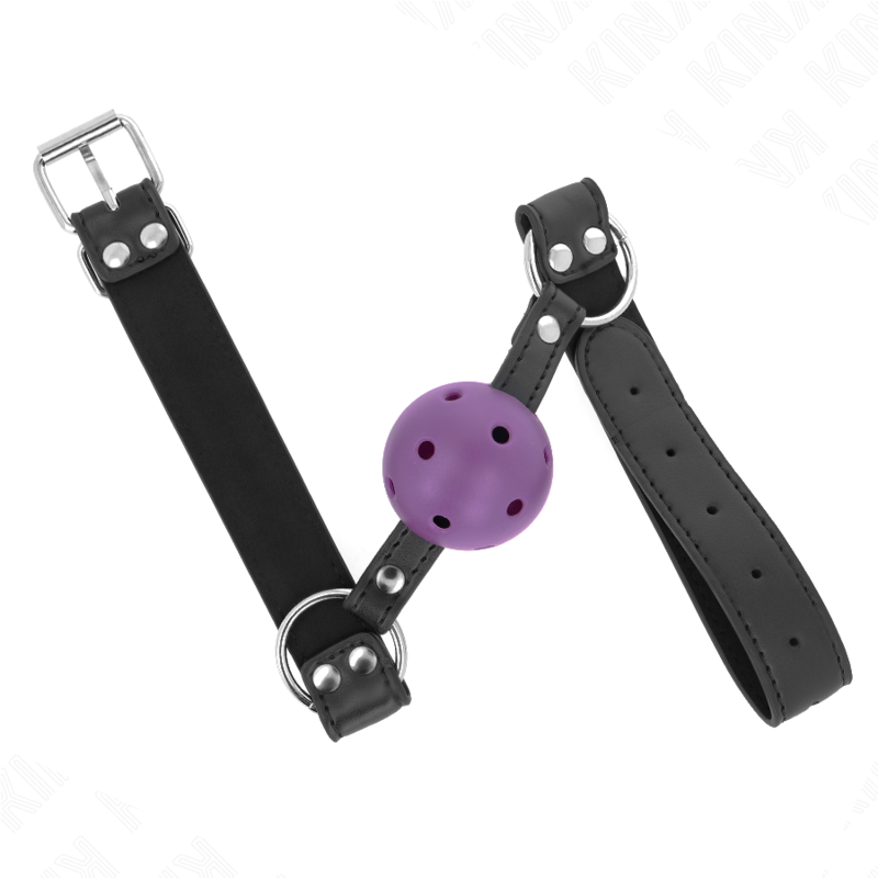 KINK - ATMUNGSAKTIVER BALL 4 CM KNEBEL MIT DOPPELNIET LILA 62,5 x 2,5 CM VERSTELLBAR 42-58 CM für sinnliche und diskrete Momente