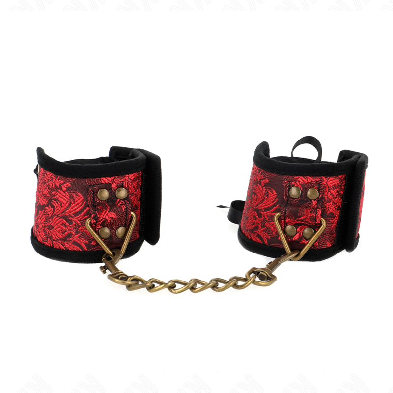 KINK - SCANDAL HANDGELENKSFESSELN ROT-SCHWARZE SPITZENDETAILS 24,5 CM X 6,5 CM Produktansicht und Details