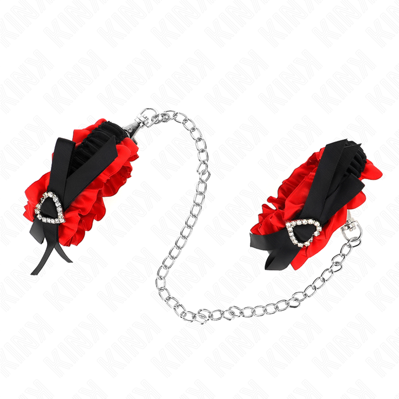 KINK - ELASTISCHE HANDGELENKSFESSELN AUS SPITZE MIT ROTEN HERZDETAILS, VERSTELLBAR 22-35 CM Produktansicht und Details