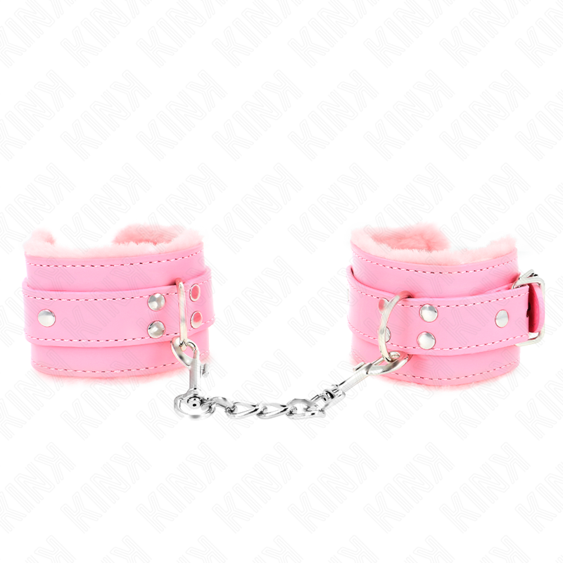 KINK - PELZGEFÜTTERTE HANDGELENKFESSELN ROSA MIT ROSA GÜRTEL VERSTELLBAR 17-29 CM X 6 CM Produktansicht und Details