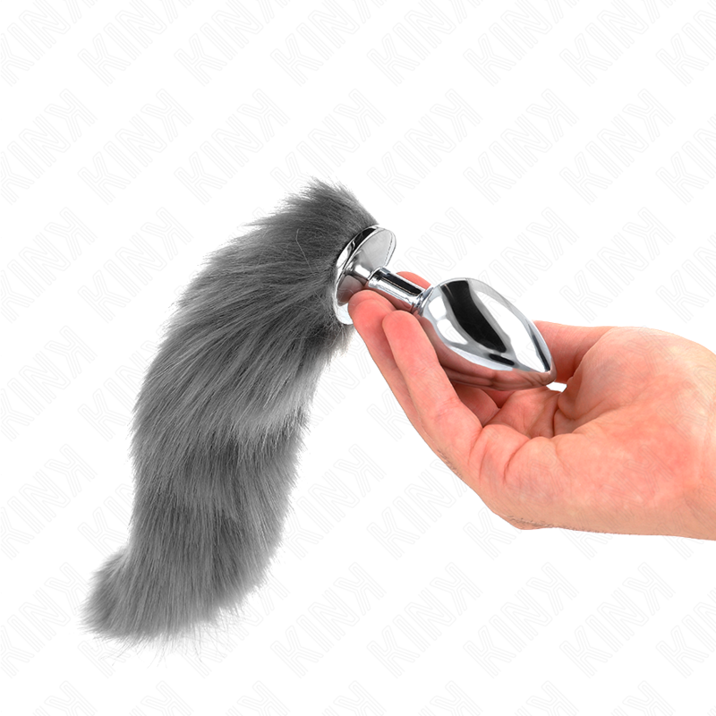 KINK - ANAL PLUG GRÖSSE L 10 X 4 CM MIT KUNSTSTOFFSCHWANZ 40 CM GRAU UND WEISS BDSM-Zubehör diskret online kaufen