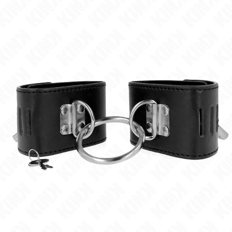 KINK - FESTE HANDGELENKFESSELN MIT RING UND VORHÄNGESCHLOSS VERSCHLUSS SCHWARZ VERSTELLBAR 16-23 CM X 5,5 CM Produktansicht und Details