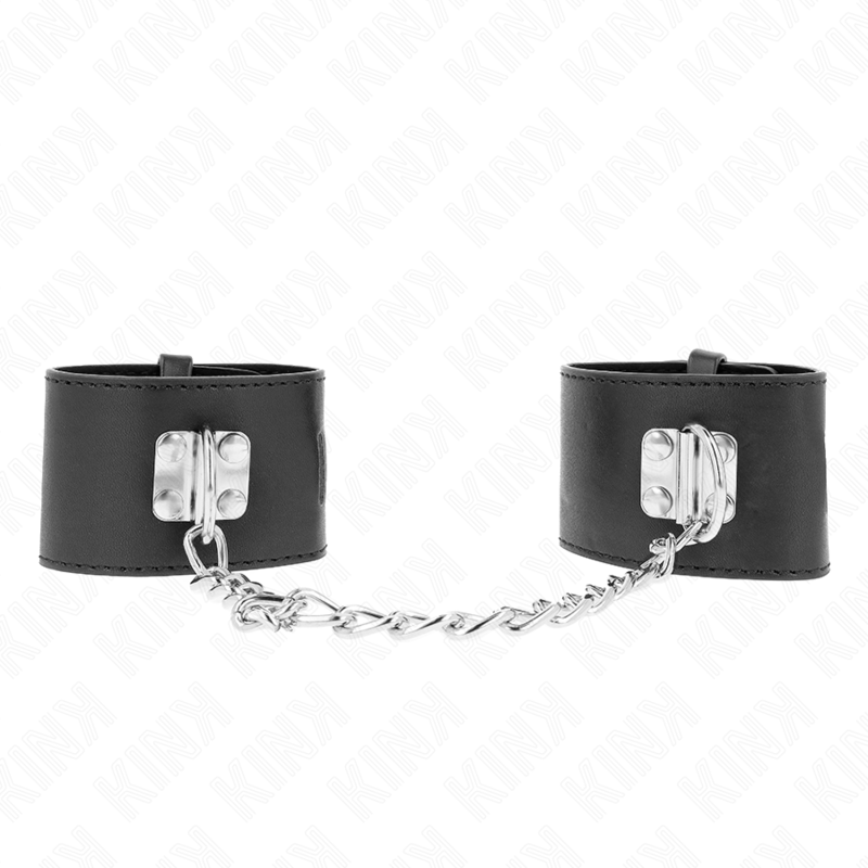 KINK - FESTE HANDGELENKFESSELN MIT KETTE 30 CM UND VORHÄNGESCHLOSS VERSCHLUSS SCHWARZ VERSTELLBAR 16-23 CM X 5,5 CM Produktansicht und Details