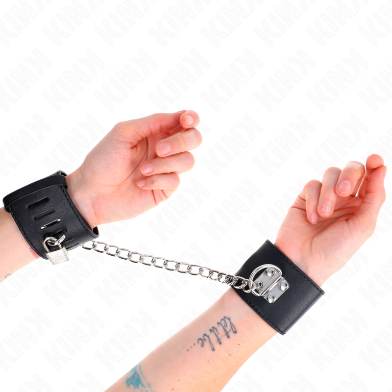 KINK - FESTE HANDGELENKFESSELN MIT KETTE 30 CM UND VORHÄNGESCHLOSS VERSCHLUSS SCHWARZ VERSTELLBAR 16-23 CM X 5,5 CM Produktansicht und Details