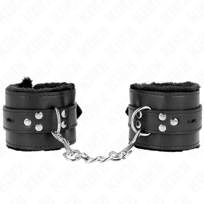 KINK - PELZGEFÜTTERTE HANDGELENKFESSELN MIT QUADRATISCHEN LÖCHERN, SCHWARZ UND SCHWARZ, VERSTELLBARER GÜRTEL 17-29 CM X 6 CM Produktansicht und Details
