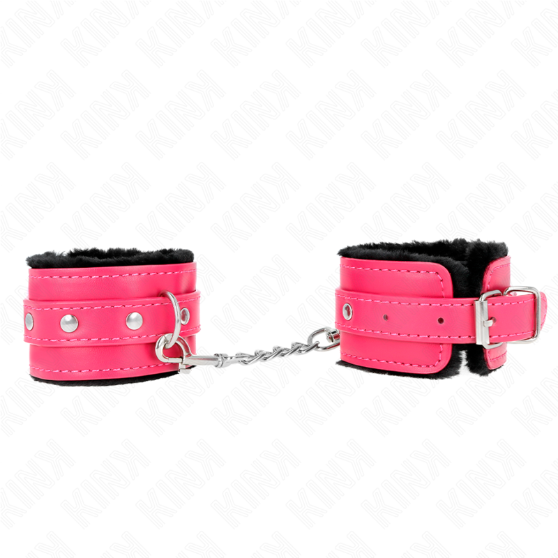 KINK - PREMIUM PELZGEFÜTTERTE HANDGELENKFESSELN SCHWARZ MIT HIMBEERROSEN-GÜRTEL VERSTELLBAR 17-29 CM X 6 CM Bondage-Fessel diskret online kaufen