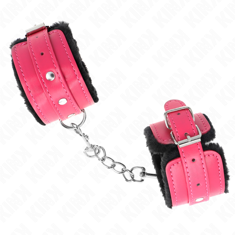 KINK - PREMIUM PELZGEFÜTTERTE HANDGELENKFESSELN SCHWARZ MIT HIMBEERROSEN-GÜRTEL VERSTELLBAR 17-29 CM X 6 CM bei Secret Pulse im Erotikshop